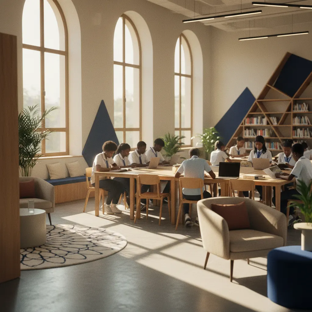 Illustration d’une bibliothèque universitaire animée — représentation artificielle de la vie au campus
