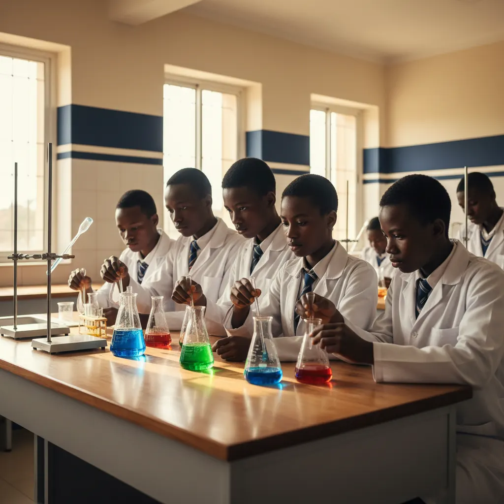 Illustration d’une salle de sciences animée — représentation artificielle de la pratique scientifique au lycée