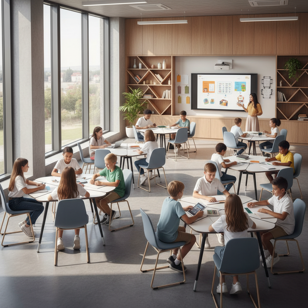 Étudiants de Fred & Poppée travaillant dans une salle de classe moderne et spacieuse, baignée de lumière naturelle.